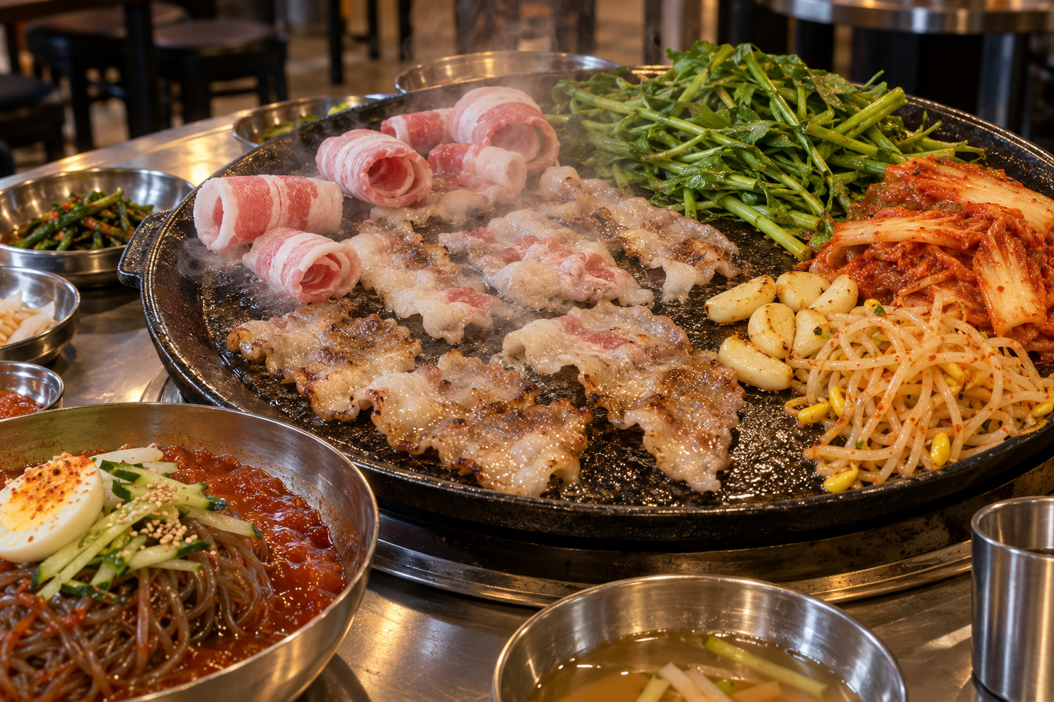 불판에 나란히 올린 얇은 냉꽃삼겹과 도톰한 6mm 냉삼겹