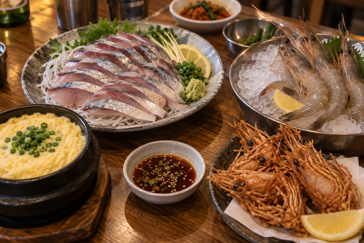 전어회와 산새우, 계란찜과 새우튀김이 놓인 제철 해산물 한 상