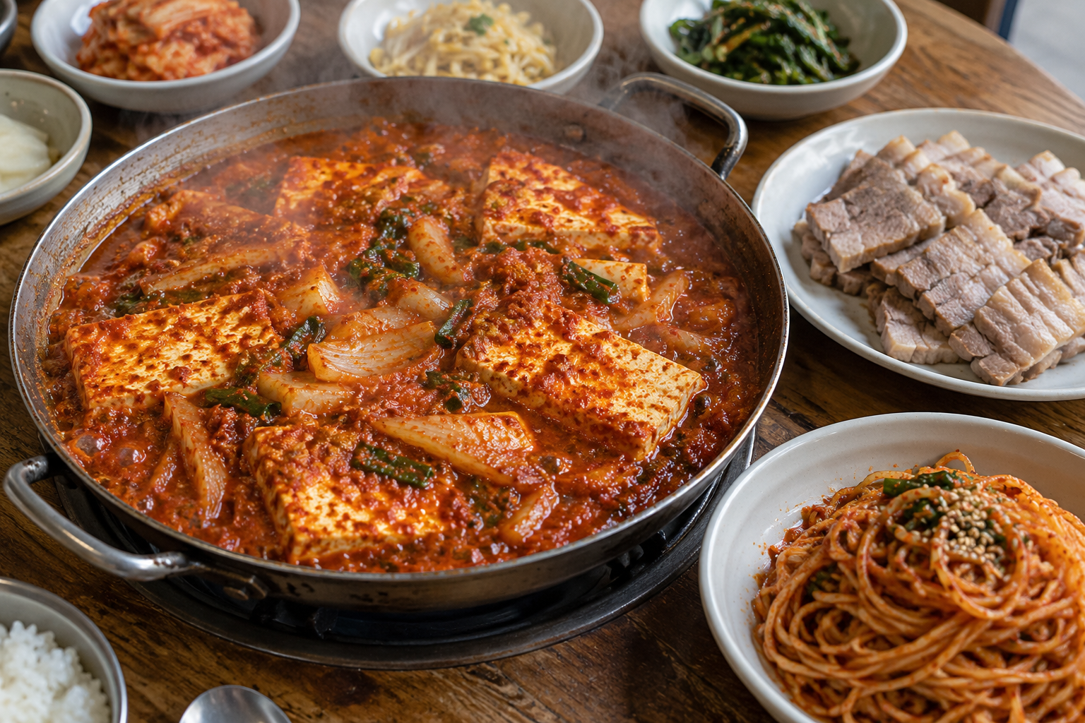 붉은 두부두루치기와 수육, 양념면이 놓인 대전식 한 상