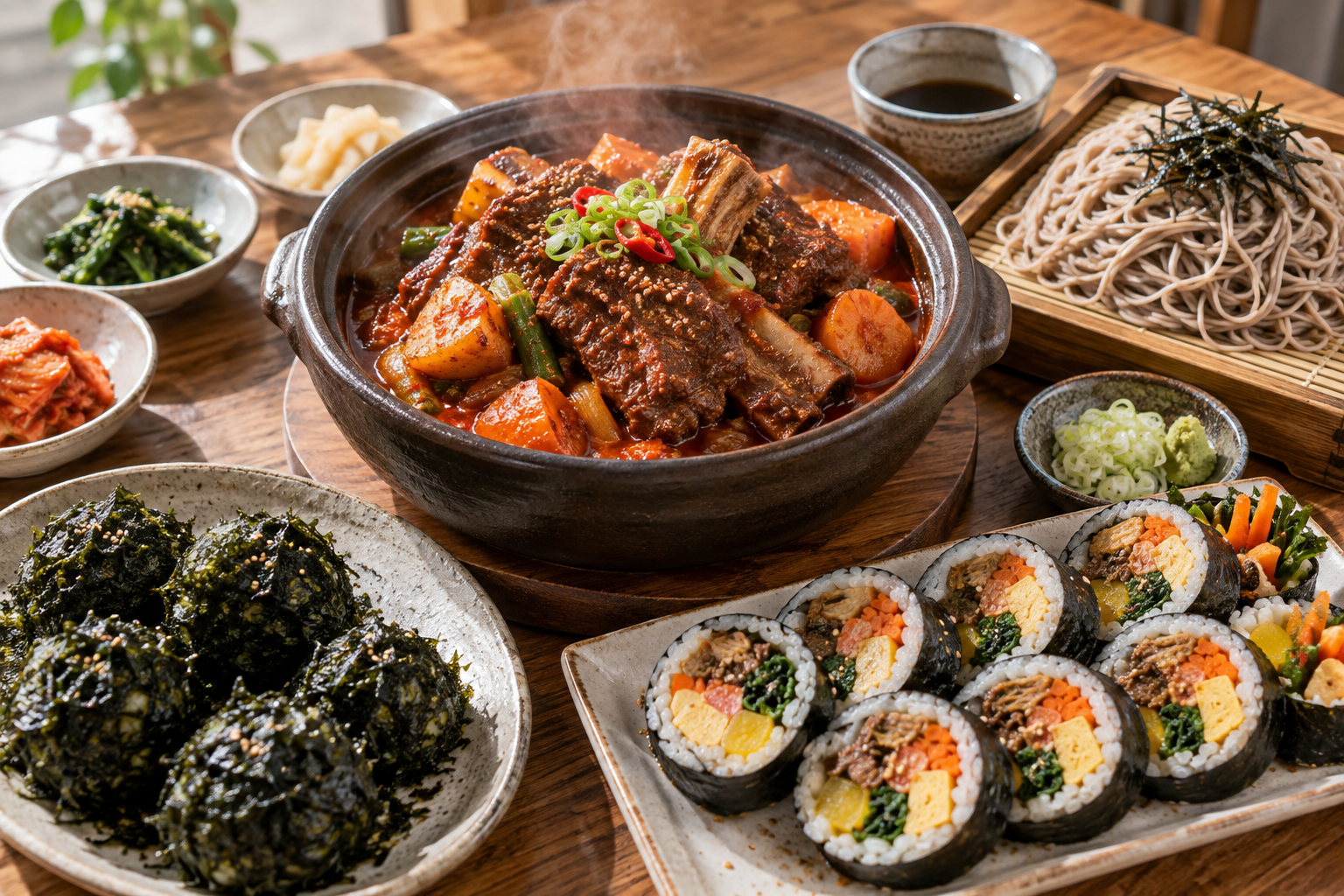 소갈비찜과 감태주먹밥, 후토마키와 소바가 놓인 경주 황리단길 여행 점심상