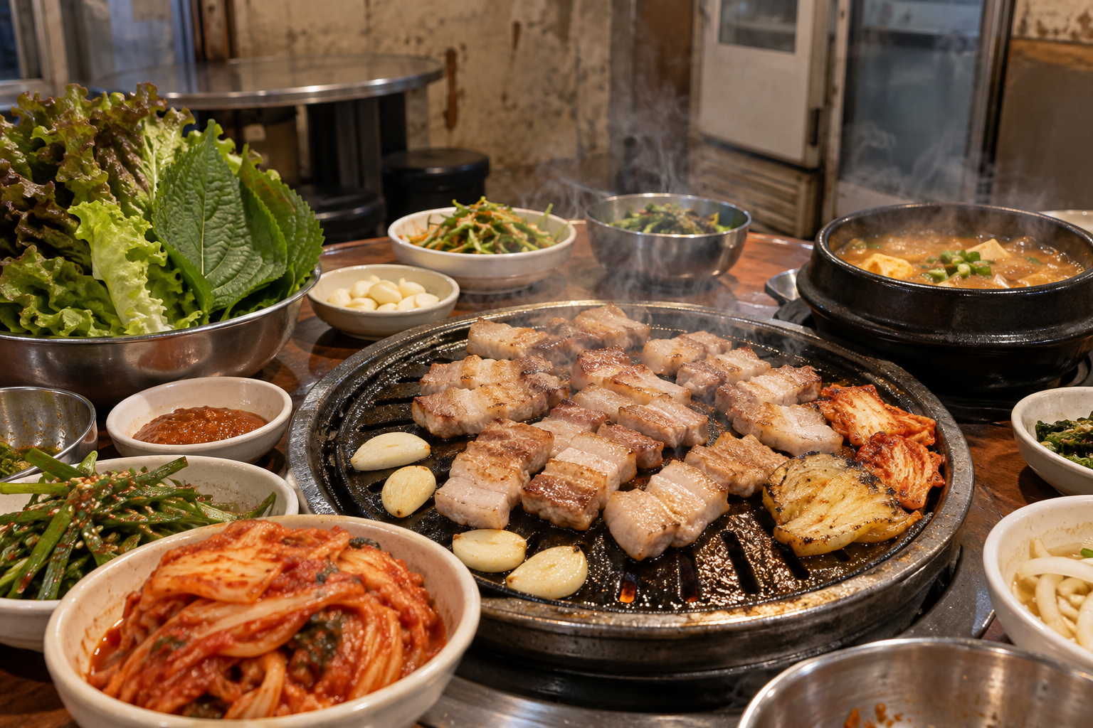 삼겹살과 깻잎, 김치, 된장찌개가 차려진 동네 식당 한 상